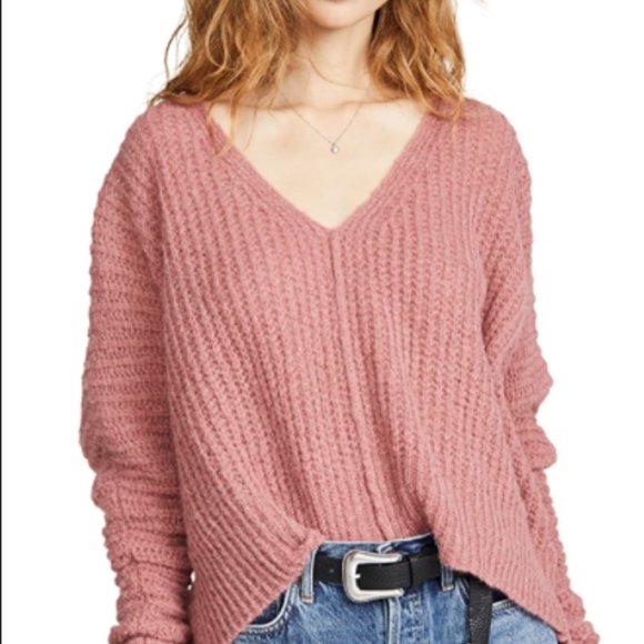 Pull Alpaga Bleu Free People Moonbeam Col V - Taille S, Tricot épais, Manches Dolman, Style Bohème